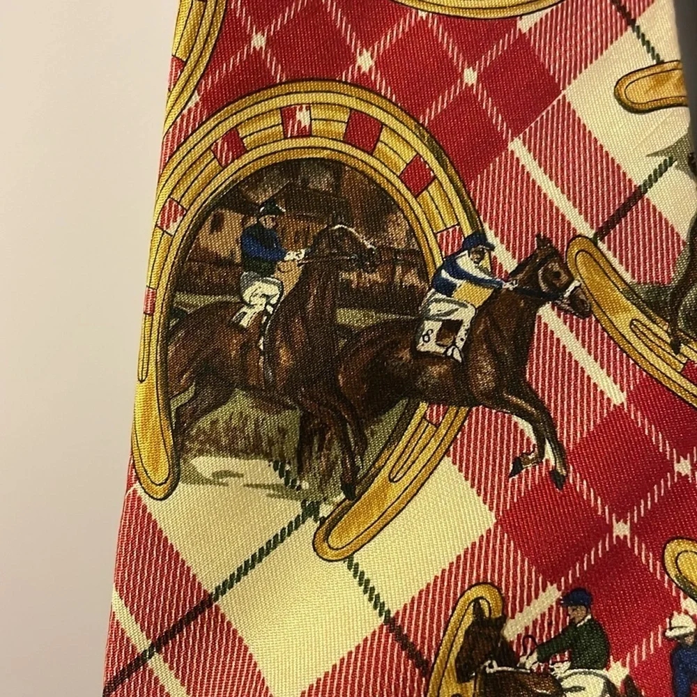 Lands’ End Vintage Horse Racing Horseshoe Plaid 100% Silk Necktie Tie